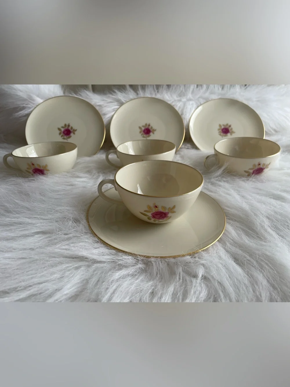 Vintage Lenox Roselyn Ivory Bone China Cup & Saucer Set of 8 Pcs